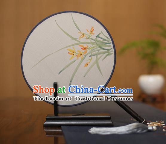Traditional Chinese Crafts Round Silk Fan, China Palace Fans Princess Printing Orchid Circular Fans for Women