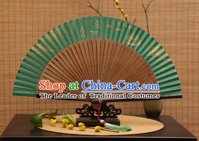 Traditional Chinese Crafts Hand Painting West Lake Green Silk Folding Fan, China Handmade Bamboo Fans for Women