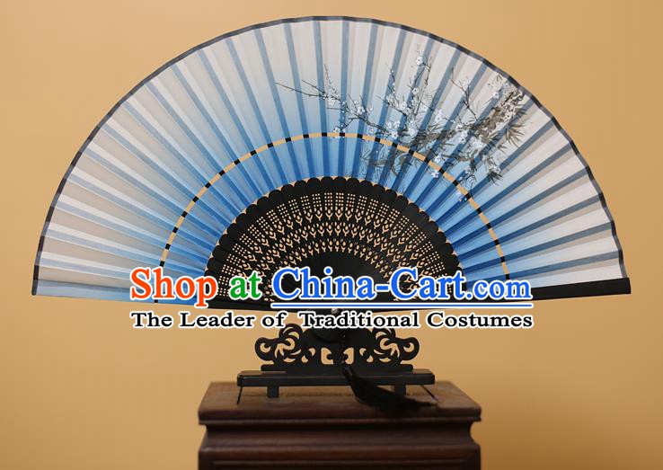 Traditional Chinese Crafts Printing Plum Blossom Light Blue Folding Fan, China Handmade Bamboo Fans for Women