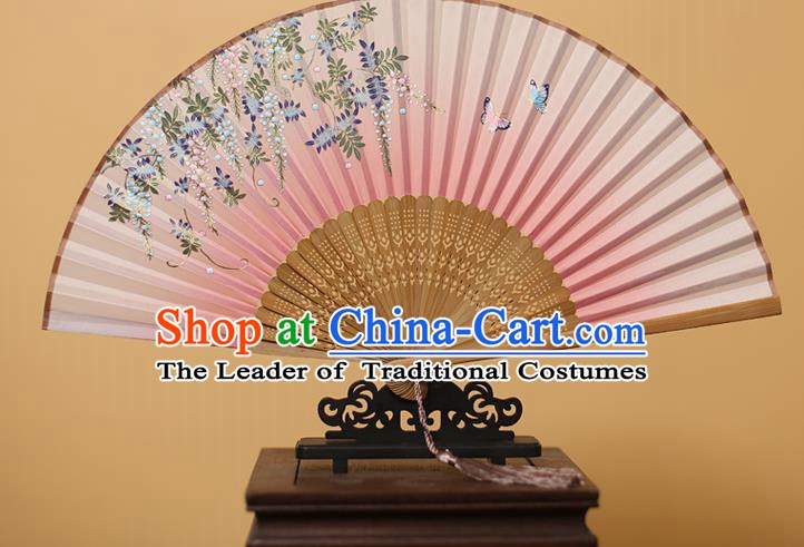 Traditional Chinese Crafts Printing Wisteria Pink Folding Fan, China Handmade Bamboo Fans for Women
