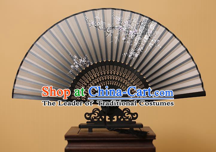 Traditional Chinese Crafts Printing Wintersweet Black Folding Fan, China Handmade Bamboo Fans for Women