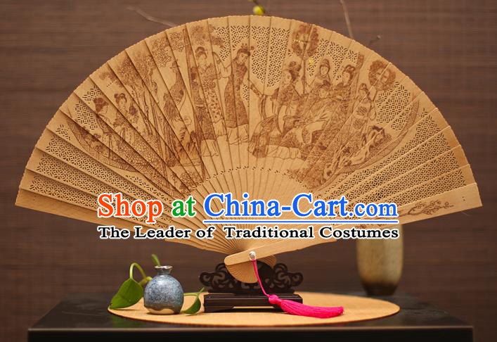 Traditional Chinese Crafts Sandalwood Folding Fan, China Handmade Hollow Out A Dream in Red Mansions Incienso Fans for Women