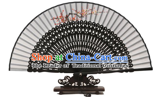 Traditional Chinese Crafts Grey Silk Folding Fan, China Handmade Printing Plum Blossom Fans for Women