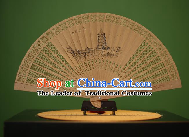 Traditional Chinese Crafts Sandalwood Folding Fan, China Handmade Carving Leifeng Pagoda Incienso Fans for Women