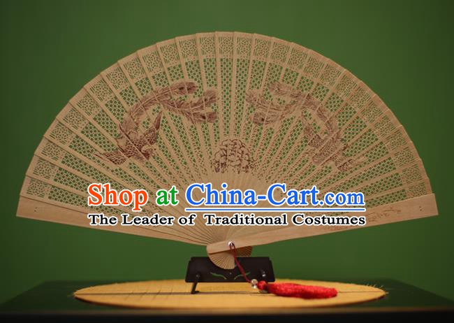 Traditional Chinese Crafts Sandalwood Folding Fan, China Handmade Carving Phoenix Peony Incienso Fans for Women
