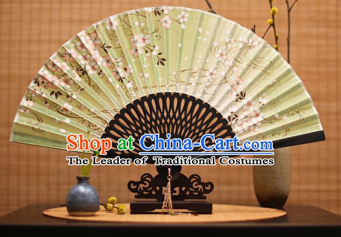 Traditional Chinese Crafts Printing Flowers Classical Folding Fan, China Handmade Green Silk Fans for Women