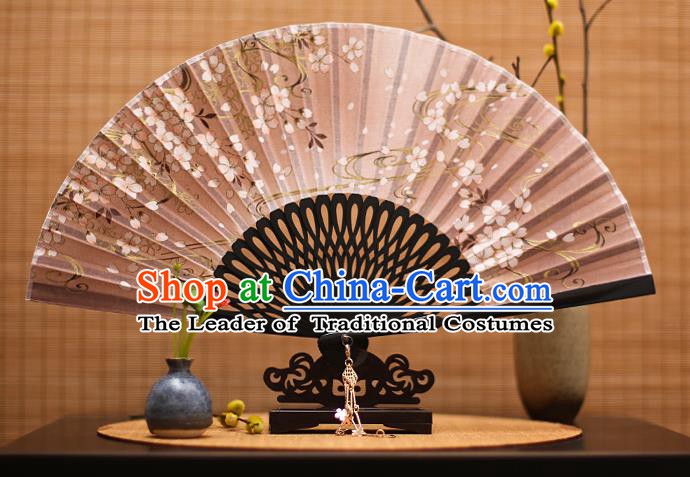 Traditional Chinese Crafts Printing Flowers Classical Folding Fan, China Handmade Brown Silk Fans for Women