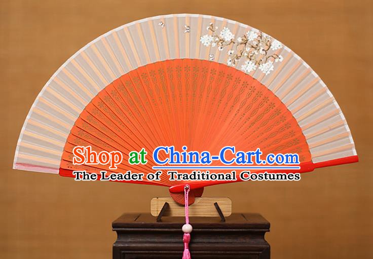 Traditional Chinese Crafts Printing Flowers Classical Folding Fan, China Handmade Red Bamboo Silk Fans for Women