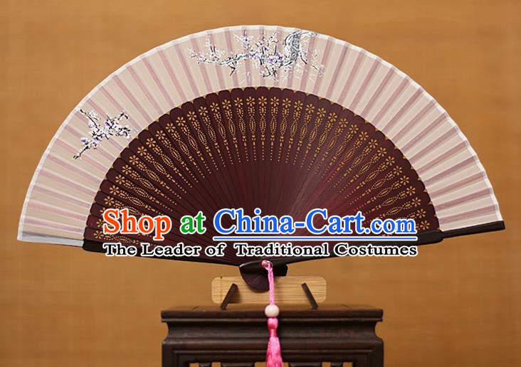 Traditional Chinese Crafts Printing Flowers Classical Folding Fan, China Handmade Wine Red Bamboo Silk Fans for Women