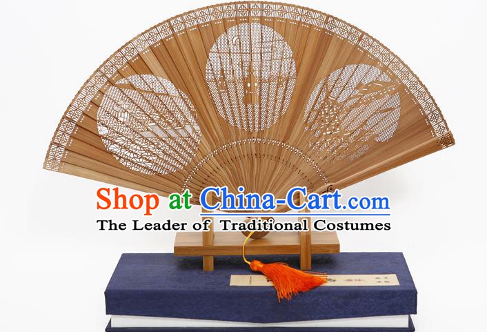 Traditional Chinese Crafts Hollow Out West Lake Folding Fan, China Handmade Sandalwood Fans for Women