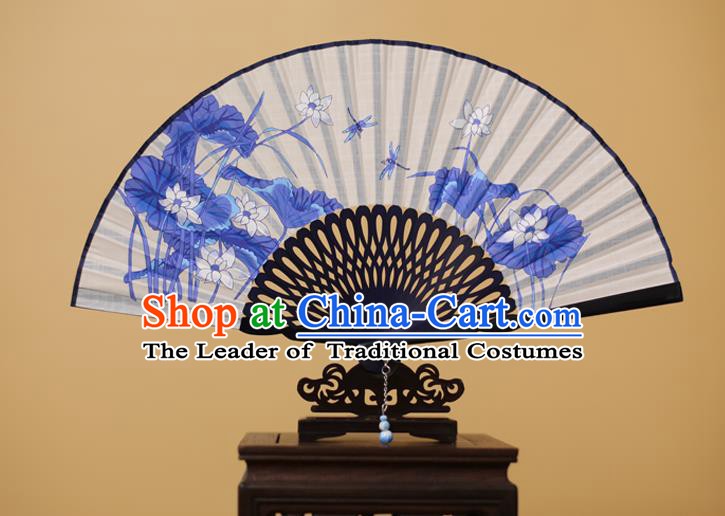 Traditional Chinese Crafts Printing Lotus Folding Fan, China Handmade Classical White Fans for Women