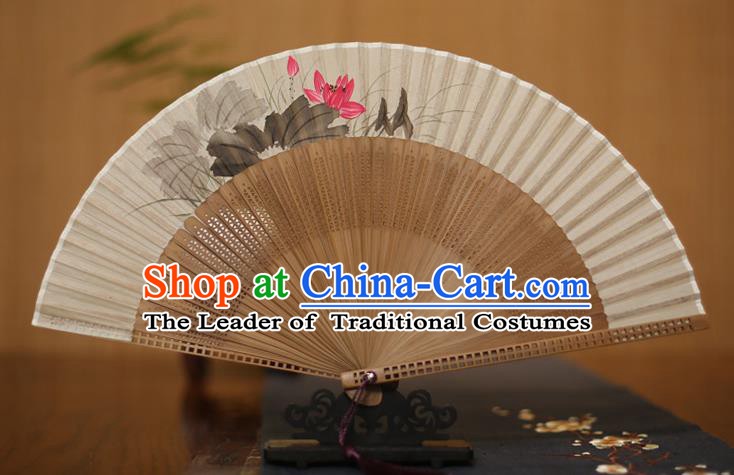 Traditional Chinese Crafts Printing Lotus Folding Fan, China Handmade Classical Silk Pierced Fans for Women