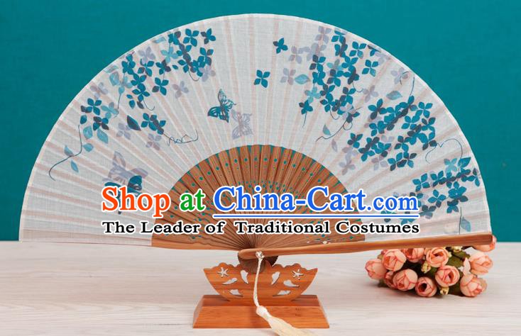 Traditional Chinese Crafts Printing Butterfly Flowers Linen Folding Fan, China Handmade Classical Fans for Women
