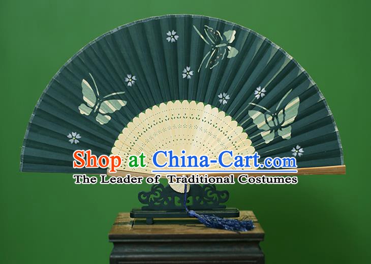 Traditional Chinese Crafts Printing Butterfly Folding Fan, China Handmade Classical Green Silk Fans for Women