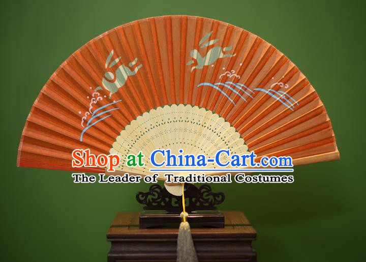 Traditional Chinese Crafts Printing Rabbit Folding Fan, China Handmade Classical Orange Silk Fans for Women