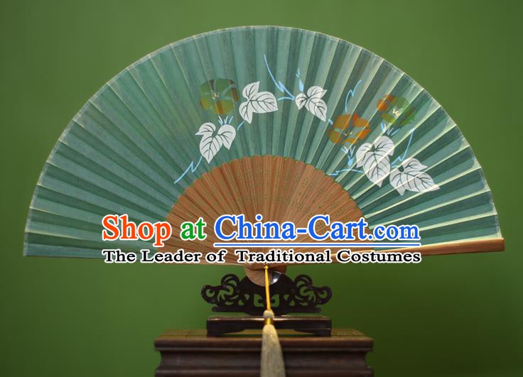 Traditional Chinese Crafts Printing Petunia Folding Fan, China Handmade Classical Green Silk Fans for Women