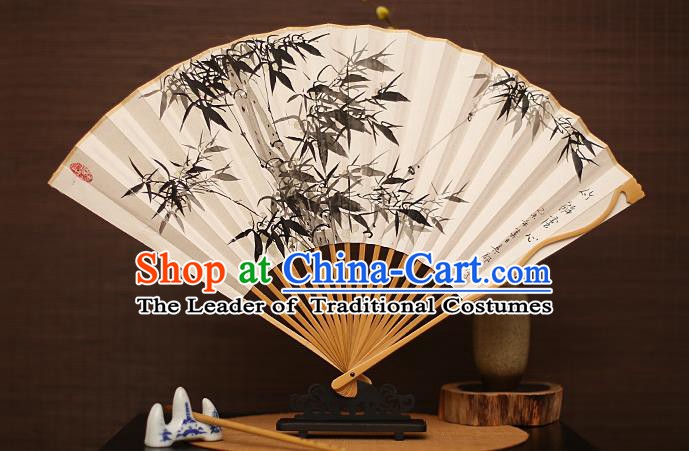 Traditional Chinese Crafts Collectables Autograph Folding Fan, China Handmade Classical Ink Painting Bamboo Xuan Paper Fans for Men
