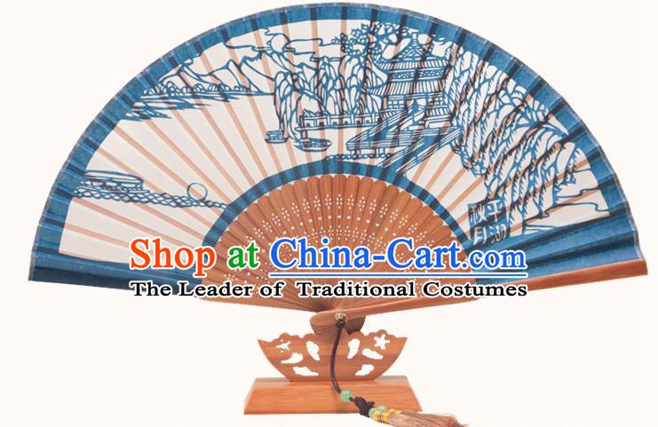 Traditional Chinese Crafts West Lake Scenery Folding Fan, China Handmade Classical Deep Blue Silk Fans for Women