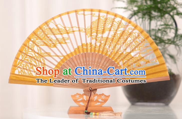 Traditional Chinese Crafts West Lake Scenery Folding Fan, China Handmade Classical Yellow Silk Fans for Women