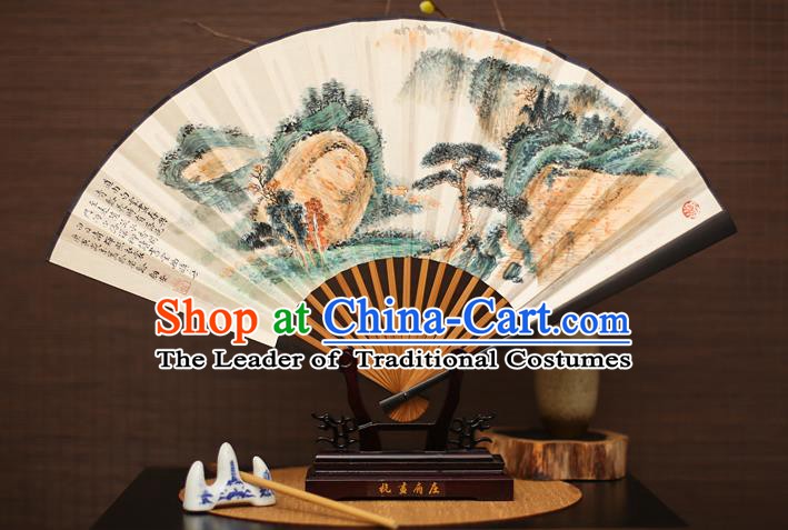 Traditional Chinese Crafts Landscape Painting Paper Folding Fan, China Handmade Ebony Fans for Men