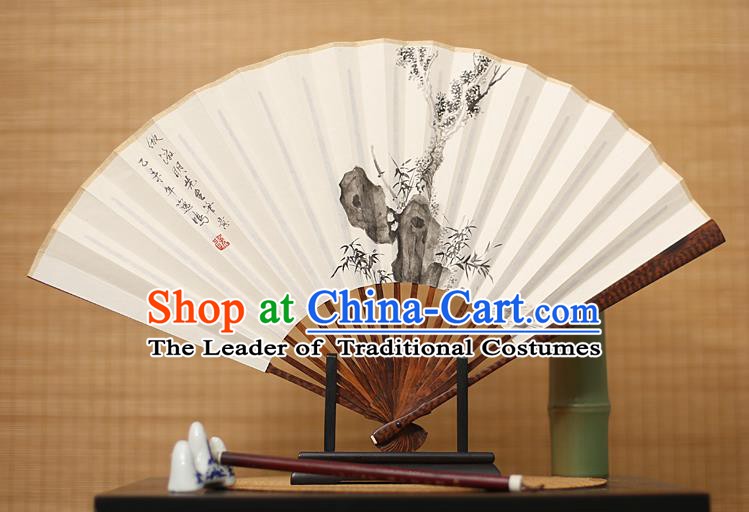 Traditional Chinese Crafts Ink Painting Bamboo Paper Folding Fan, China Handmade Snakewood Fans for Men