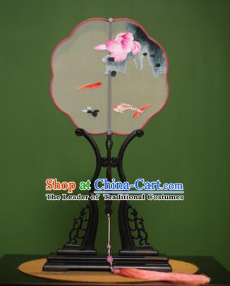 Traditional Chinese Crafts Suzhou Embroidery Lotus Fish Palace Fan, China Princess Embroidered Silk Fans for Women