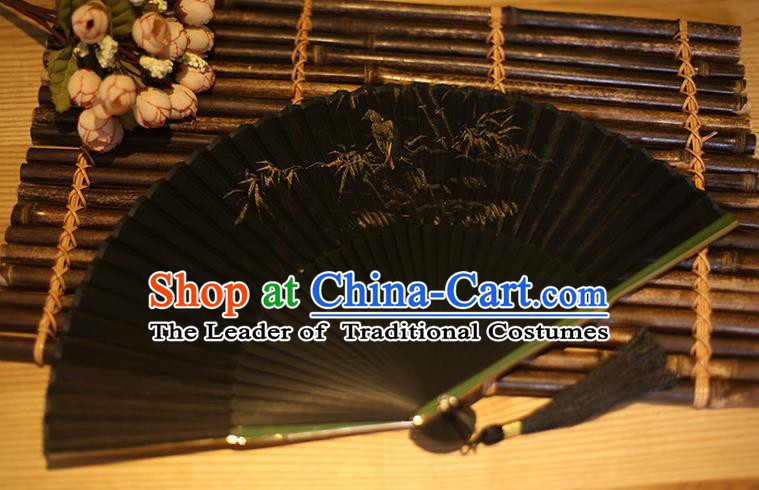 Traditional Chinese Crafts Printing Bamboo Classical Folding Fan, China Handmade Black Silk Fans for Women