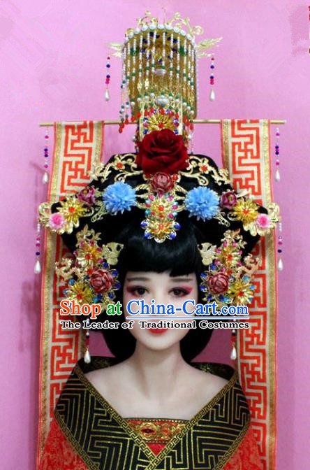 Chinese Ancient Bride Hair Accessories Xiuhe Suit Phoenix Coronet Complete Set, China Empress Tassel Hairpins Headwear for Women