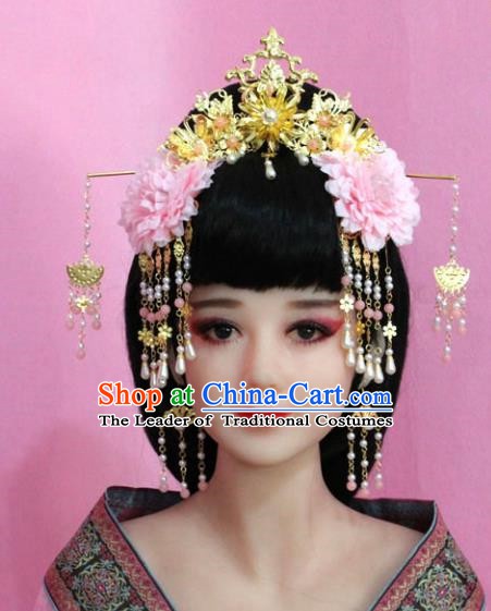 Traditional Chinese Ancient Hair Accessories Xiuhe Suit Phoenix Coronet, China Bride Flowers Hairpins Headwear for Women