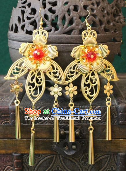 Traditional Chinese Handmade Jewelry Accessories Xiuhe Suit Bride Golden Flowers Earrings Hanfu Eardrop for Women