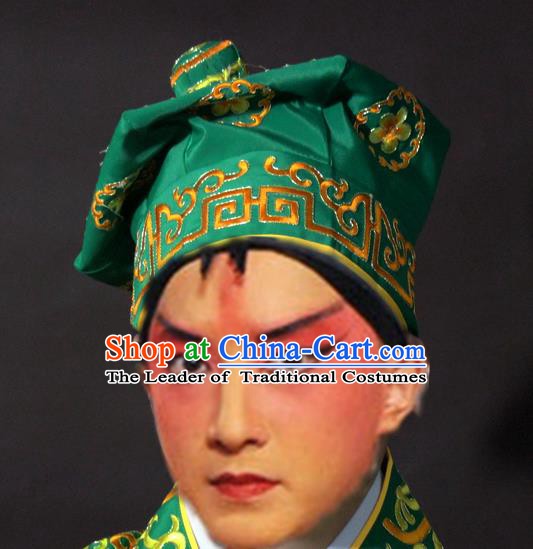 Traditional China Beijing Opera Takefu Green Hats, Chinese Peking Opera Imperial Bodyguard Embroidered Headwear