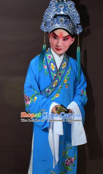 Traditional China Beijing Opera Niche Costume Blue Embroidered Robe, Chinese Peking Opera Gifted Scholar Clothing