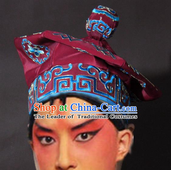 Traditional China Beijing Opera Takefu Purplish Red Hats, Chinese Peking Opera Imperial Bodyguard Embroidered Headwear