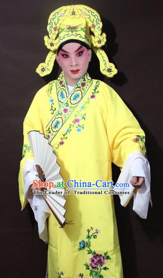 Traditional China Beijing Opera Niche Costume Yellow Embroidered Robe, Chinese Peking Opera Gifted Scholar Clothing
