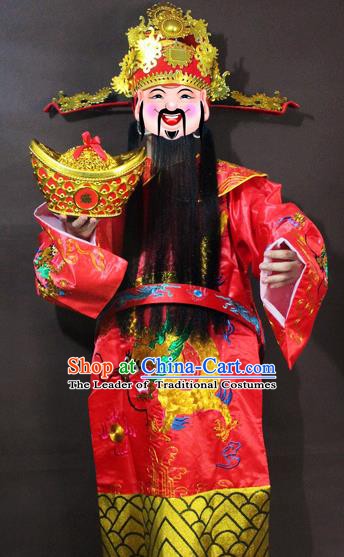 Traditional China Beijing Opera God of Wealth Costume Red Embroidered Robe, Chinese Peking Opera Mammon Gwanbok