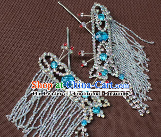 Traditional China Beijing Opera Actress Hair Accessories Blue Crystal Hairpins, Chinese Peking Opera Diva Headwear