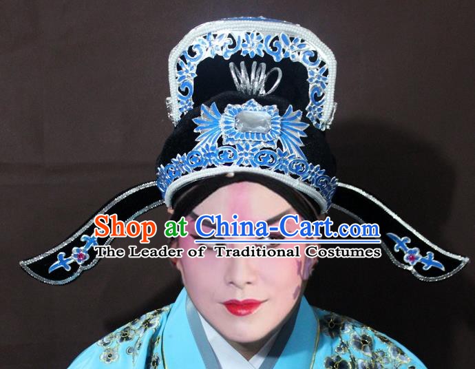 Traditional China Beijing Opera Niche Embroidery Hats, Chinese Peking Opera Scholar Headwear