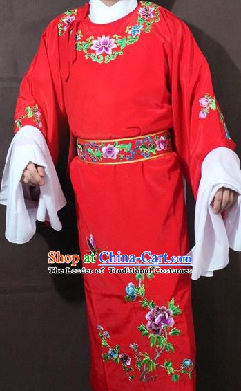 Traditional China Beijing Opera Niche Costume Red Embroidered Robe, Chinese Peking Opera Gifted Scholar Clothing