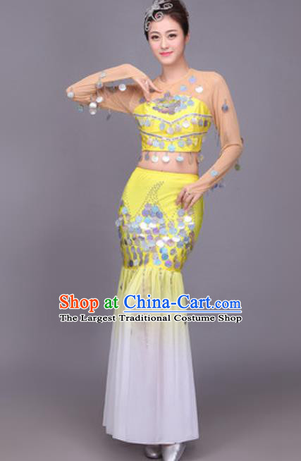 Chinese Traditional Dai Nationality Peacock Dance Costume Pavane Sequins Yellow Dress for Women