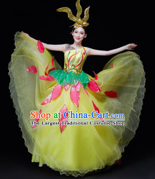 Professional Opening Dance Costume Stage Performance Modern Dance Yellow Veil Dress for Women