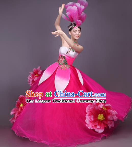 Chinese Traditional Classical Dance Costume Folk Dance Peony Dance Rosy Dress for Women