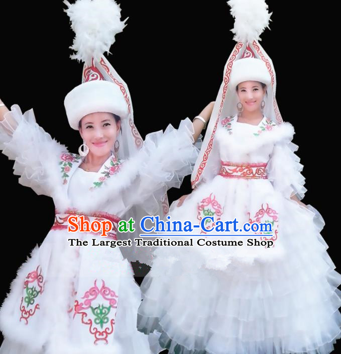 Chinese Traditional Kazak Nationality Wedding Costume Folk Dance Ethnic White Dress for Women