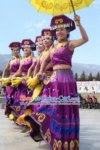 Chinese Traditional Yi Nationality Costume Folk Dance Dress Ethnic Purple Clothing for Women