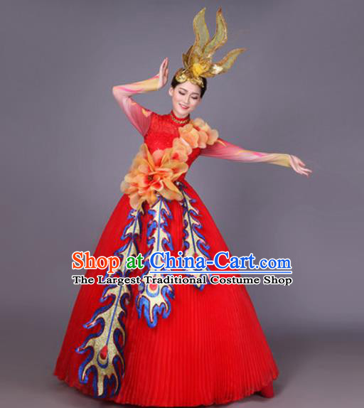 Professional Modern Dance Red Veil Dress Opening Dance Stage Performance Chorus Costume for Women