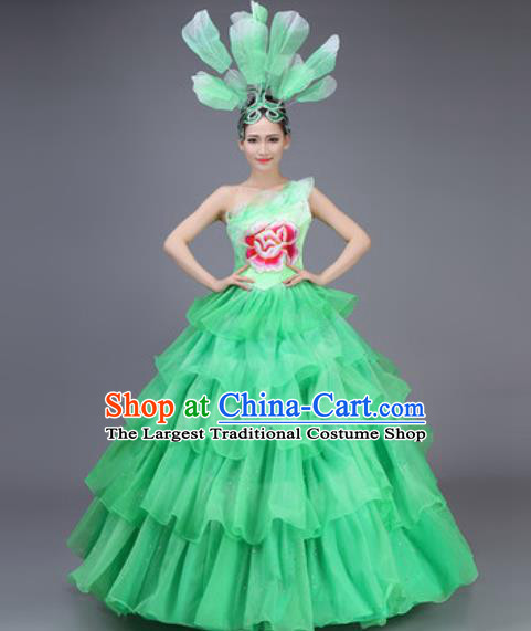 Professional Modern Dance Dress Opening Dance Stage Performance Chorus Green Flowers Costume for Women