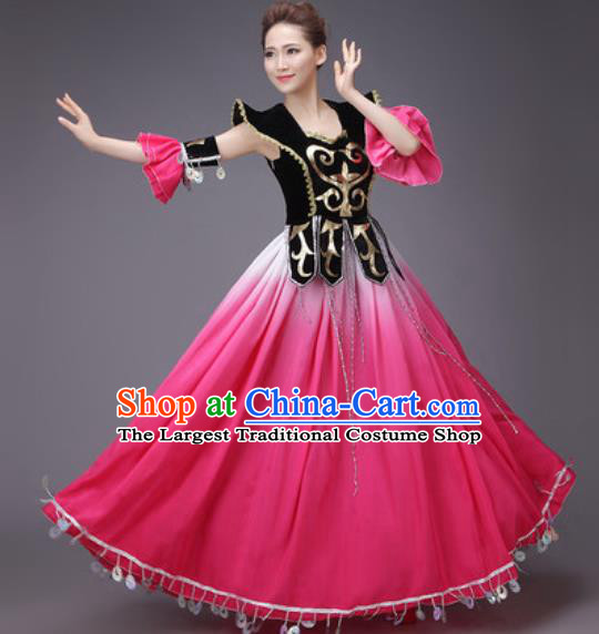 Chinese Traditional Uyghur Nationality Costume Uigurian Folk Dance Ethnic Rosy Dress for Women