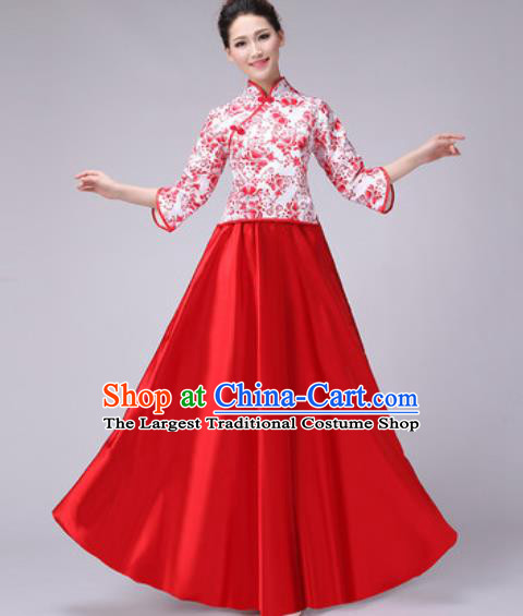 Chinese Classical Dance Fan Dance Costume Traditional Folk Dance Chorus Red Dress for Women