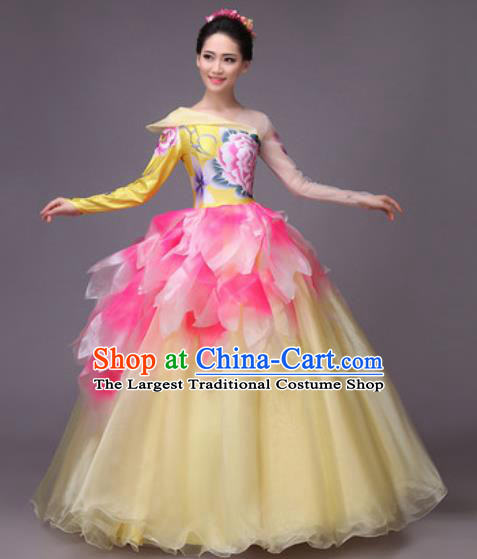 Chinese Classical Dance Costume Traditional Folk Dance Peony Flower Dress for Women