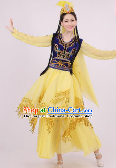 Chinese Traditional Uyghur Nationality Yellow Dress Uigurian Minority Folk Dance Ethnic Costume for Women