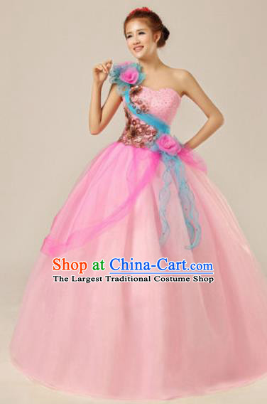 Top Grade Chorus Compere Pink Veil Costume Modern Dance Ballroom Waltz Stage Performance Dress for Women